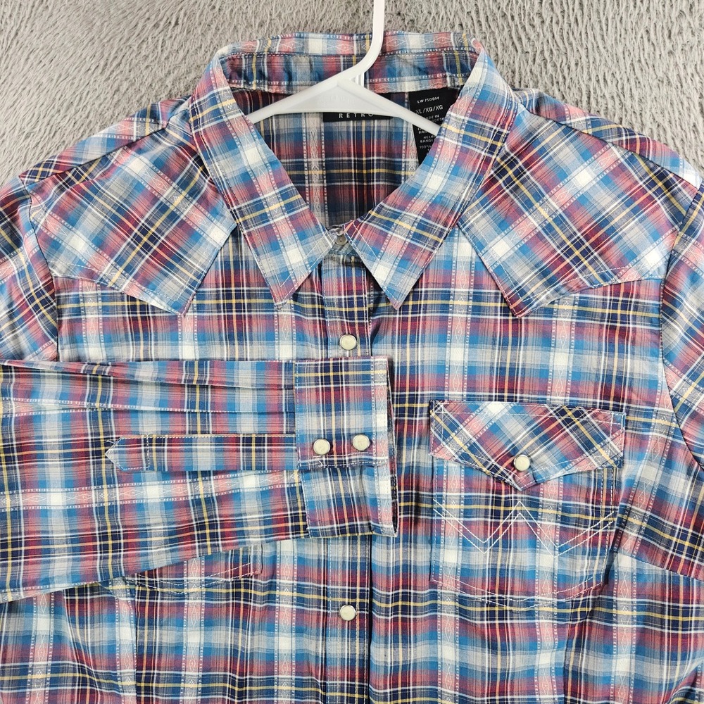 Wrangler Retro Womens XL Plaid Western Pearl Snap Shirt Blue Red